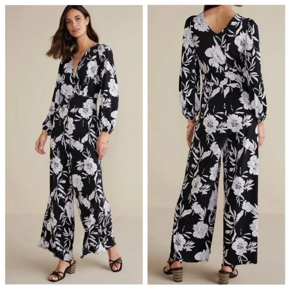 Soft Surroundings black white floral penelope jumpsuit MP wide leg
